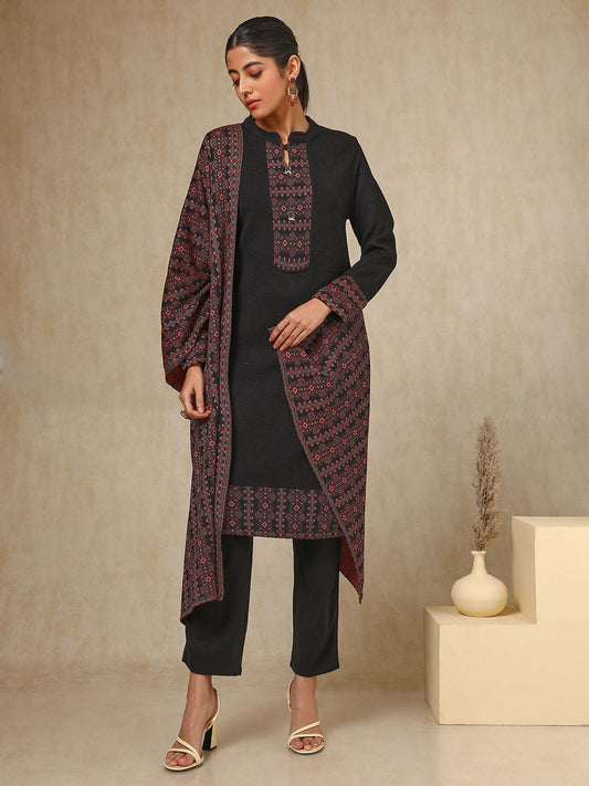 Dhiyona SO Women's Black Geometric Woven Design Acrylic Straight Kurta With Trouser & Dupatta