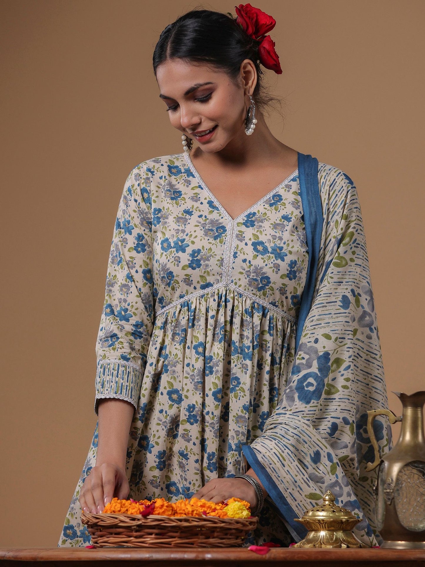 Dhiyona IE Floral Printed Empire Pure Cotton A-Line Kurta with Sharara & Dupatta