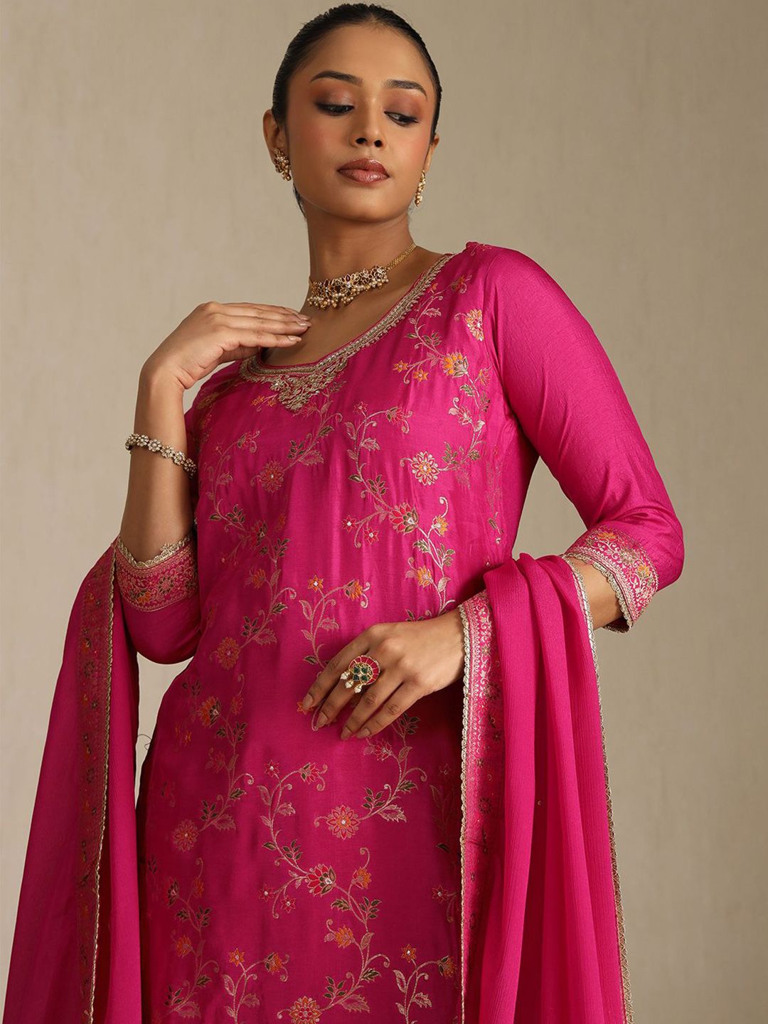 Dhiyona SO Women's Floral Printed Beads & Stones Brocade Weave Round Neck Kurta With Palazzos & Dupatta