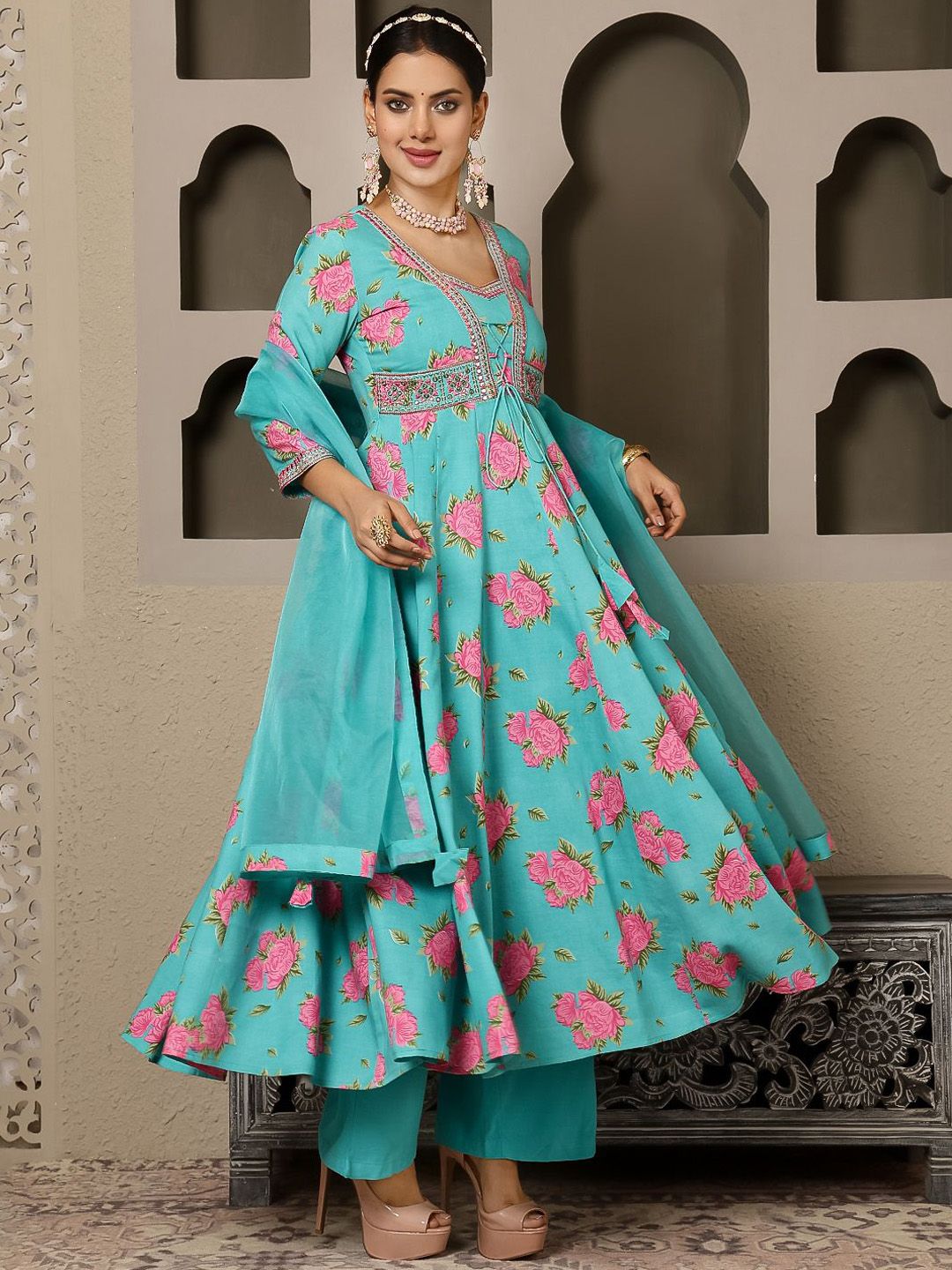 Dhiyona SN Women's Floral Printed Anarkali Kurta with Trouser & Dupatta