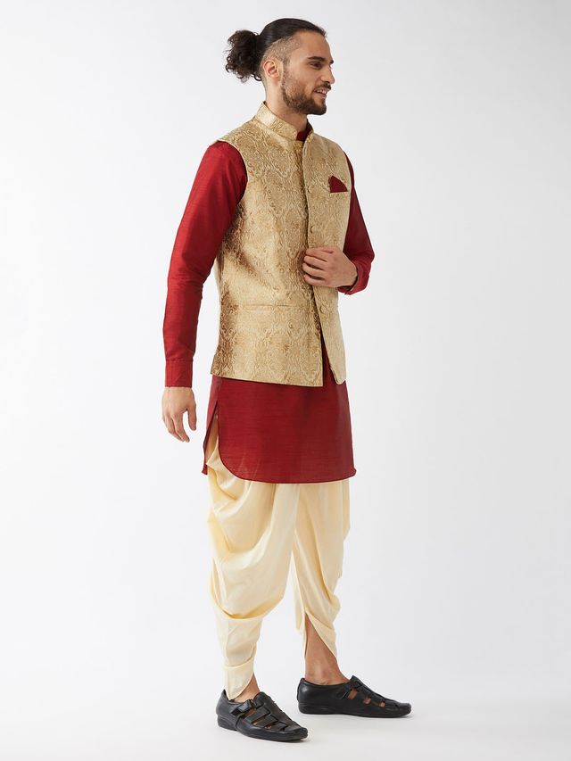 Men's Maroon Silk Blend Straight Jacket Kurta and Dhoti Set
