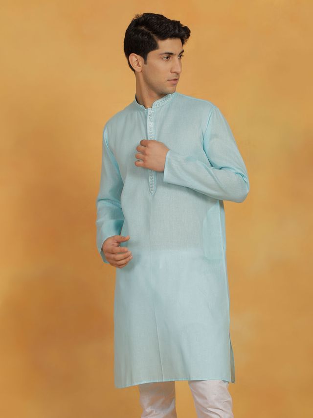 Men's Aqua Cotton Straight Kurta