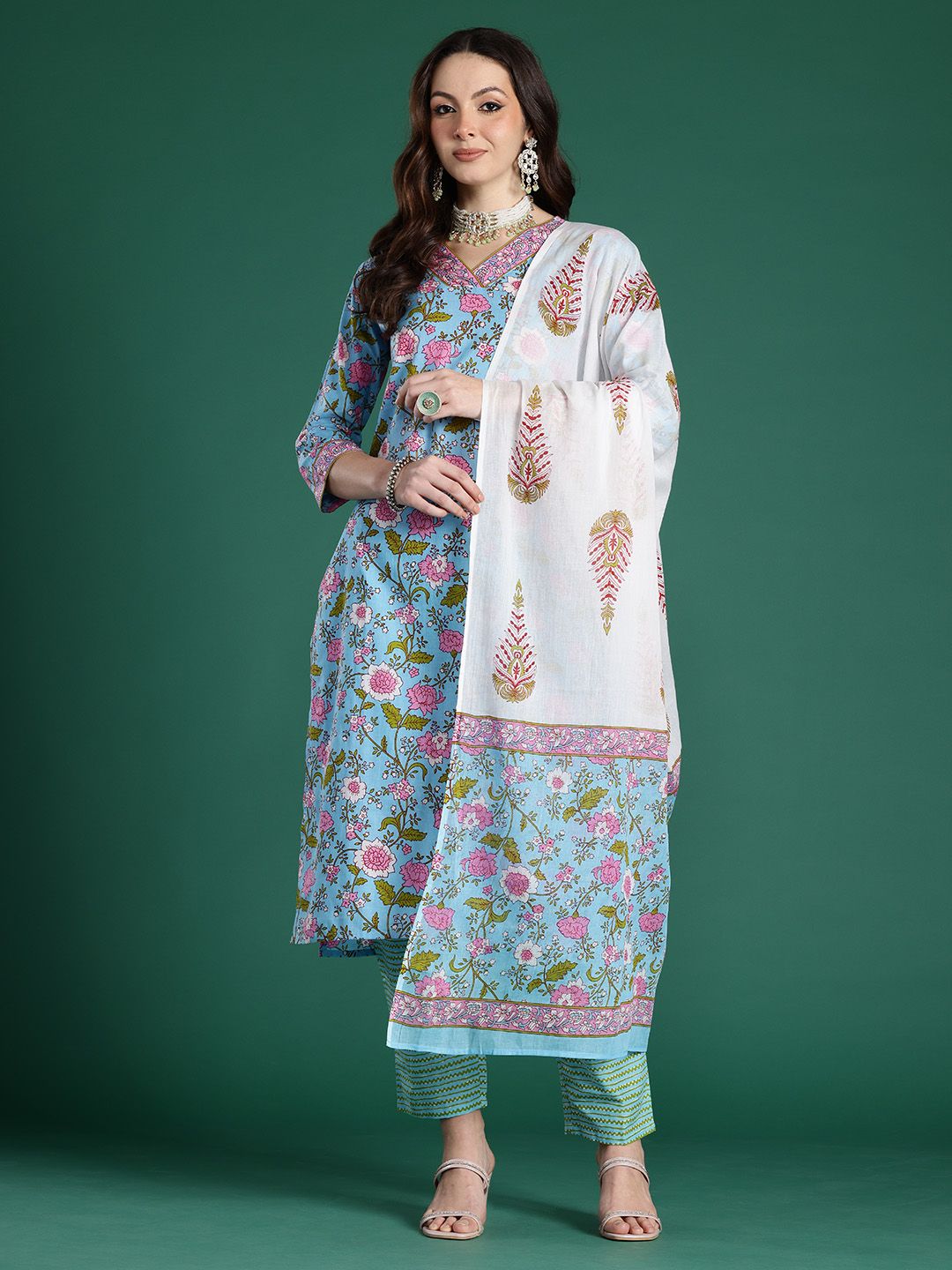 Dhiyona IE Floral Printed Mirror Work Pure Cotton Kurta With Trousers & Dupatta