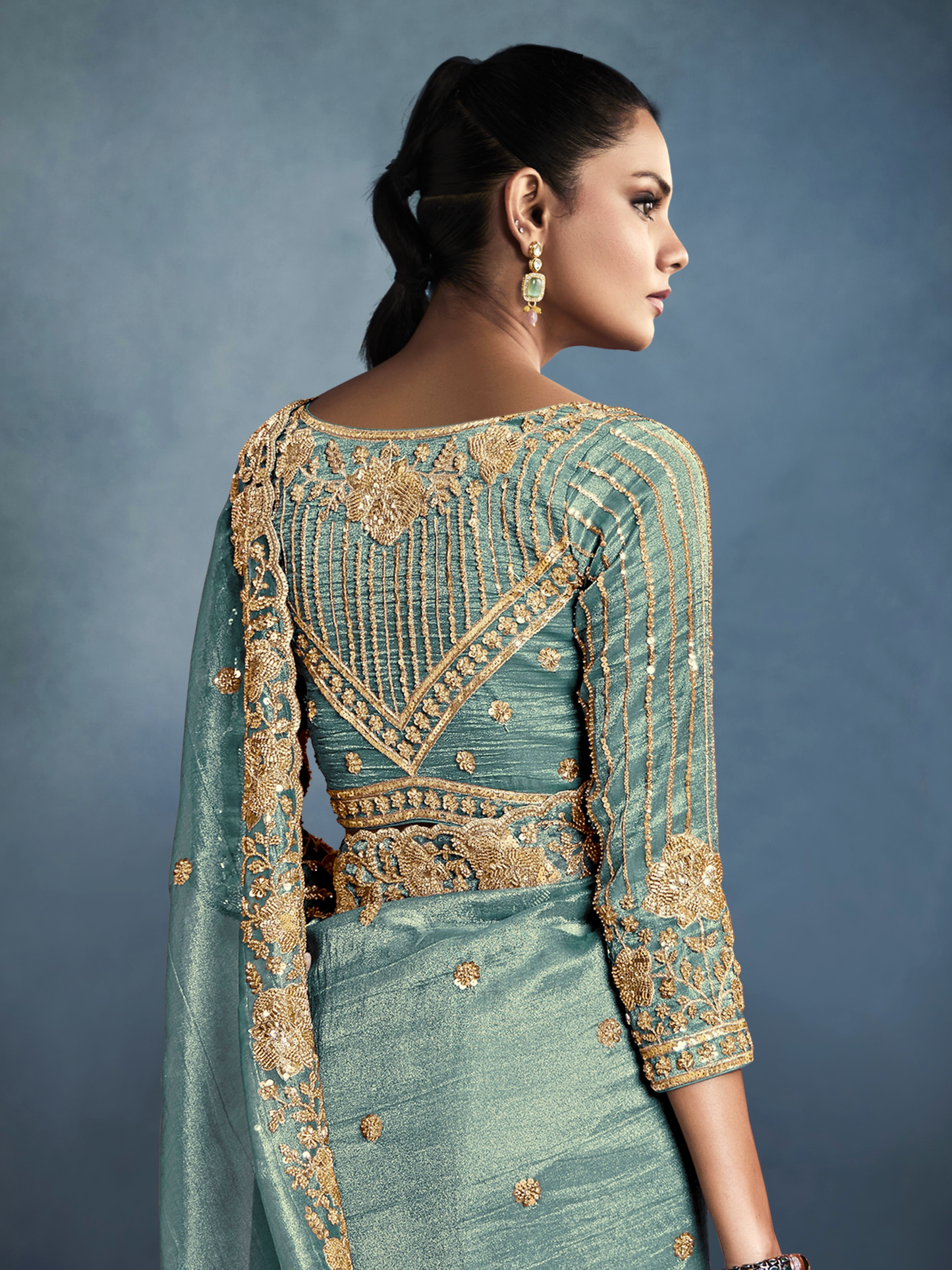 Dhiyona KM Women Sea Green Tissue Embroidered Fancy Heavy Border Saree