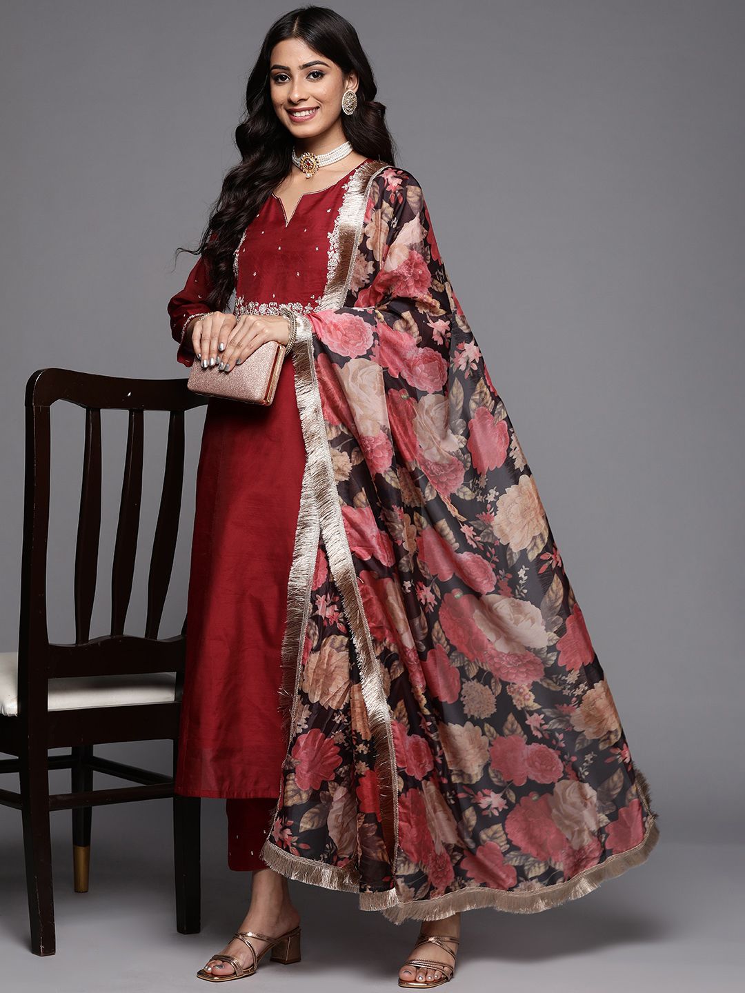 Dhiyona VA Women's Maroon Ethnic Motifs Embroidered Kurta with Trousers & With Dupatta
