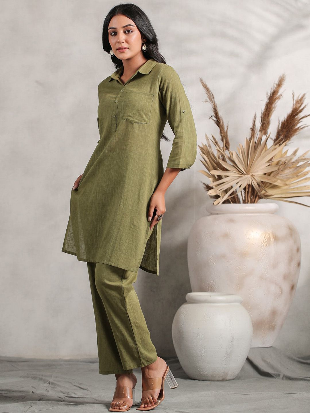 Dhiyona IS Women's Shirt Collar Cuffed Sleeves Fusion Pure Cotton Kurta with Trousers