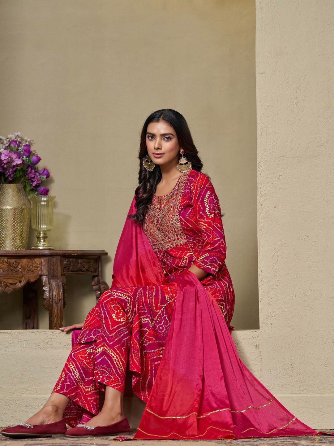 Dhiyona SN Women's Bandhani Printed Sequinned Kurta with Palazzo & Dupatta