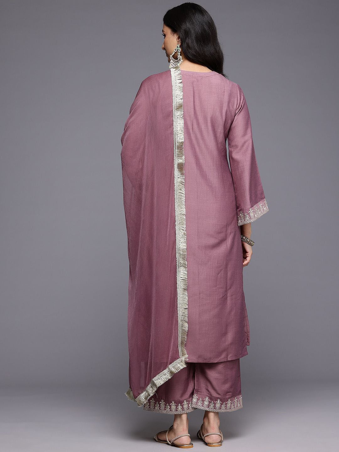 Dhiyona VA Women'sFloral Yoke Design Flared Sleeve Thread Work Straight Kurta With Trouser & Dupatta