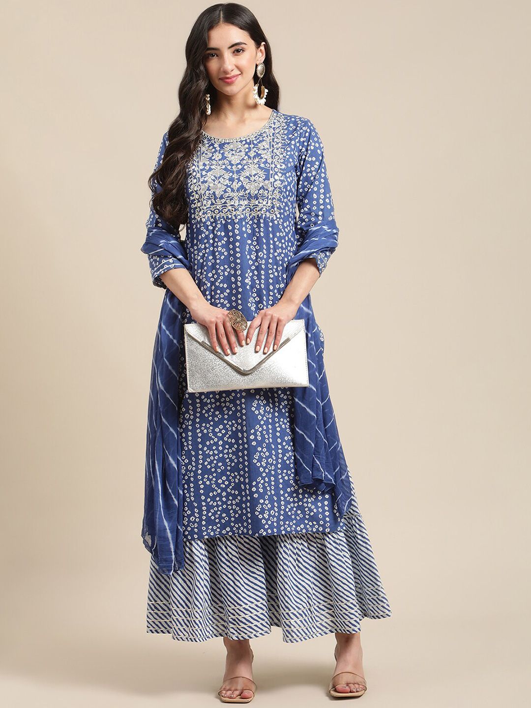 Dhiyona VA Women'sBlue And White Zari Embroidery Leheriya Kurta Sharara Set With Leheriya Dupatta
