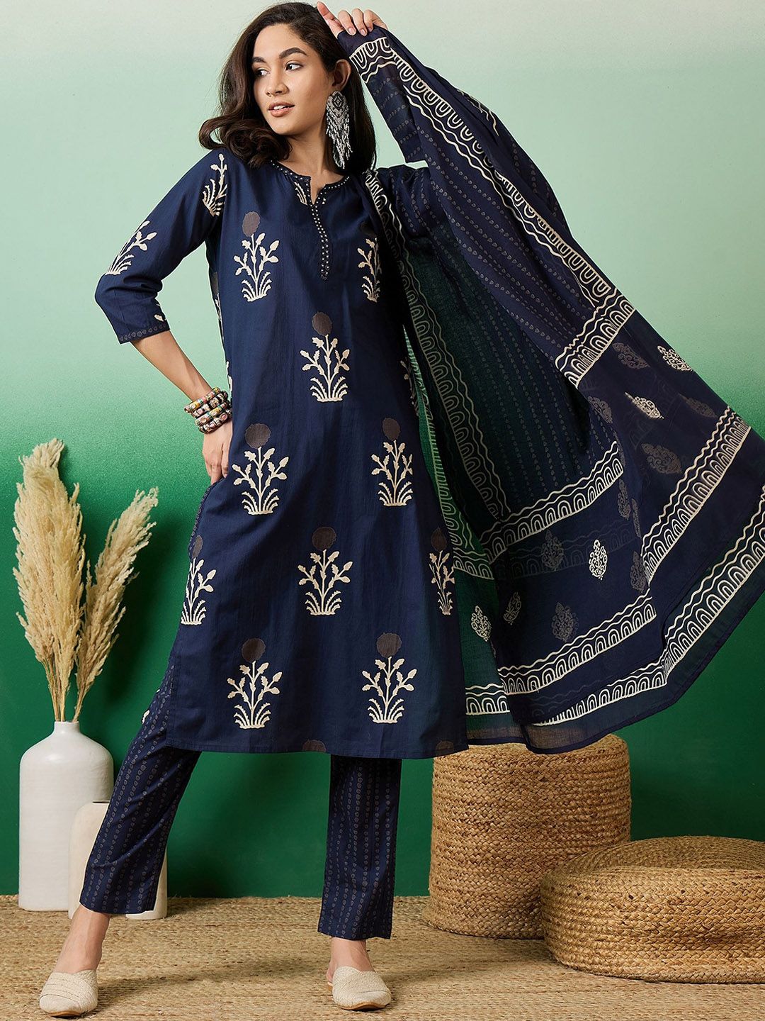 Dhiyona SN Women's Notch Neck Printed Pure Cotton Kurta With Trousers & Dupatta