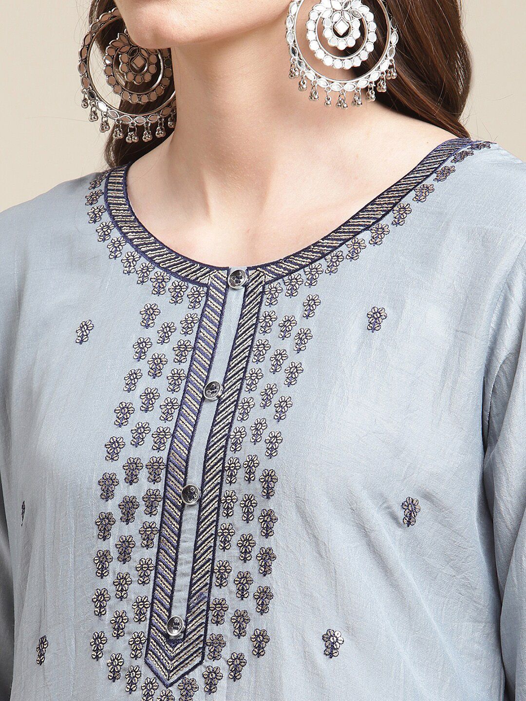 Dhiyona VA Women's Grey & Navy Blue Floral Embroidered Kurti with Trousers & With Dupatta