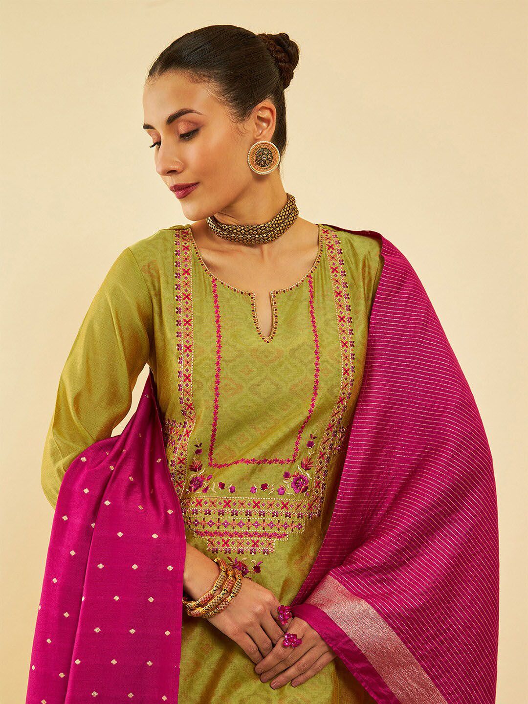 Dhiyona SO Women's Olive Floral Embroidered Thread Work Layered A-Line Kurta With Trousers & Dupatta