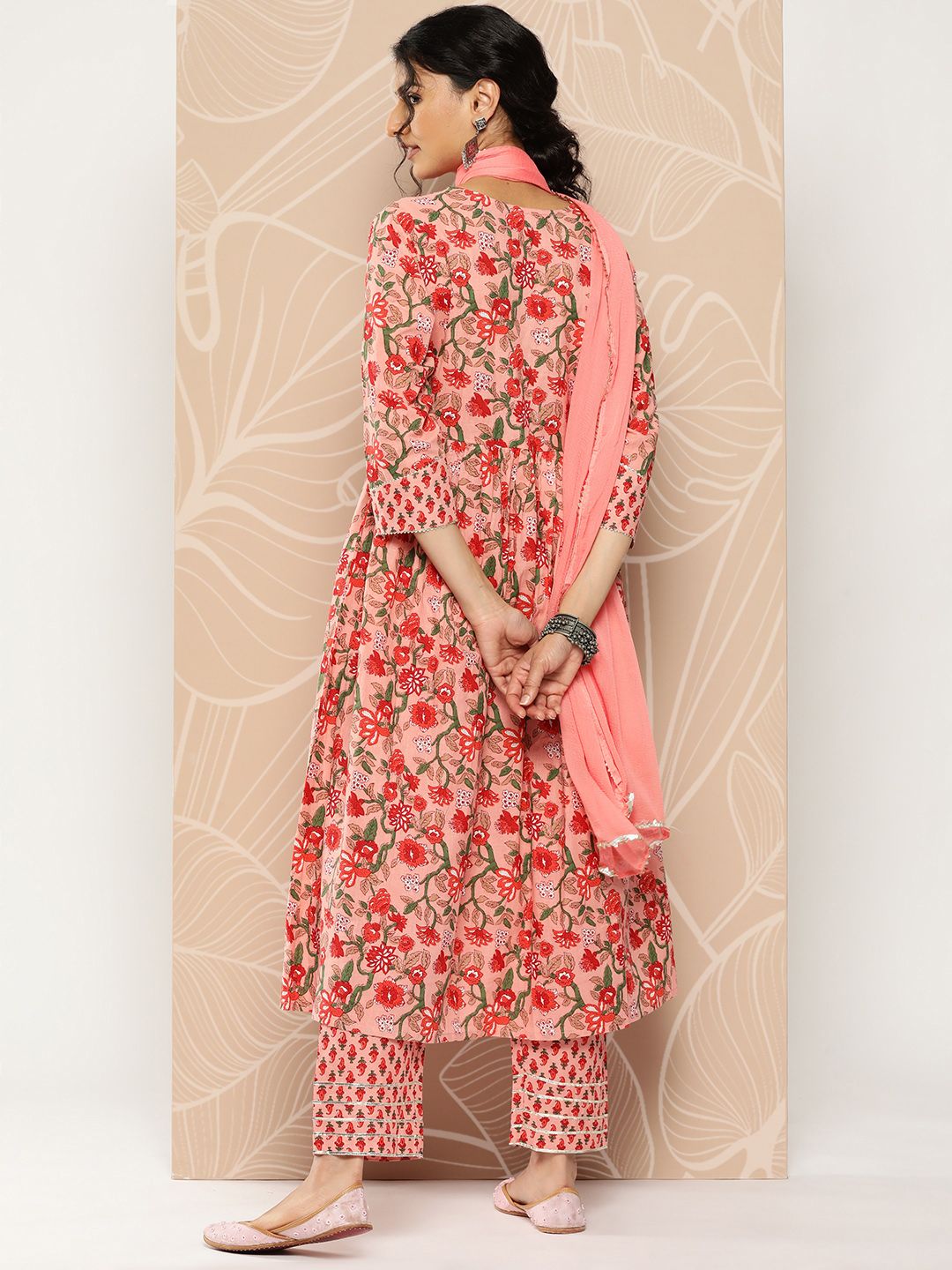 Dhiyona VA Women'sFloral Printed Empire Gotta Patti Pure Cotton Kurta With Trousers & Dupatta
