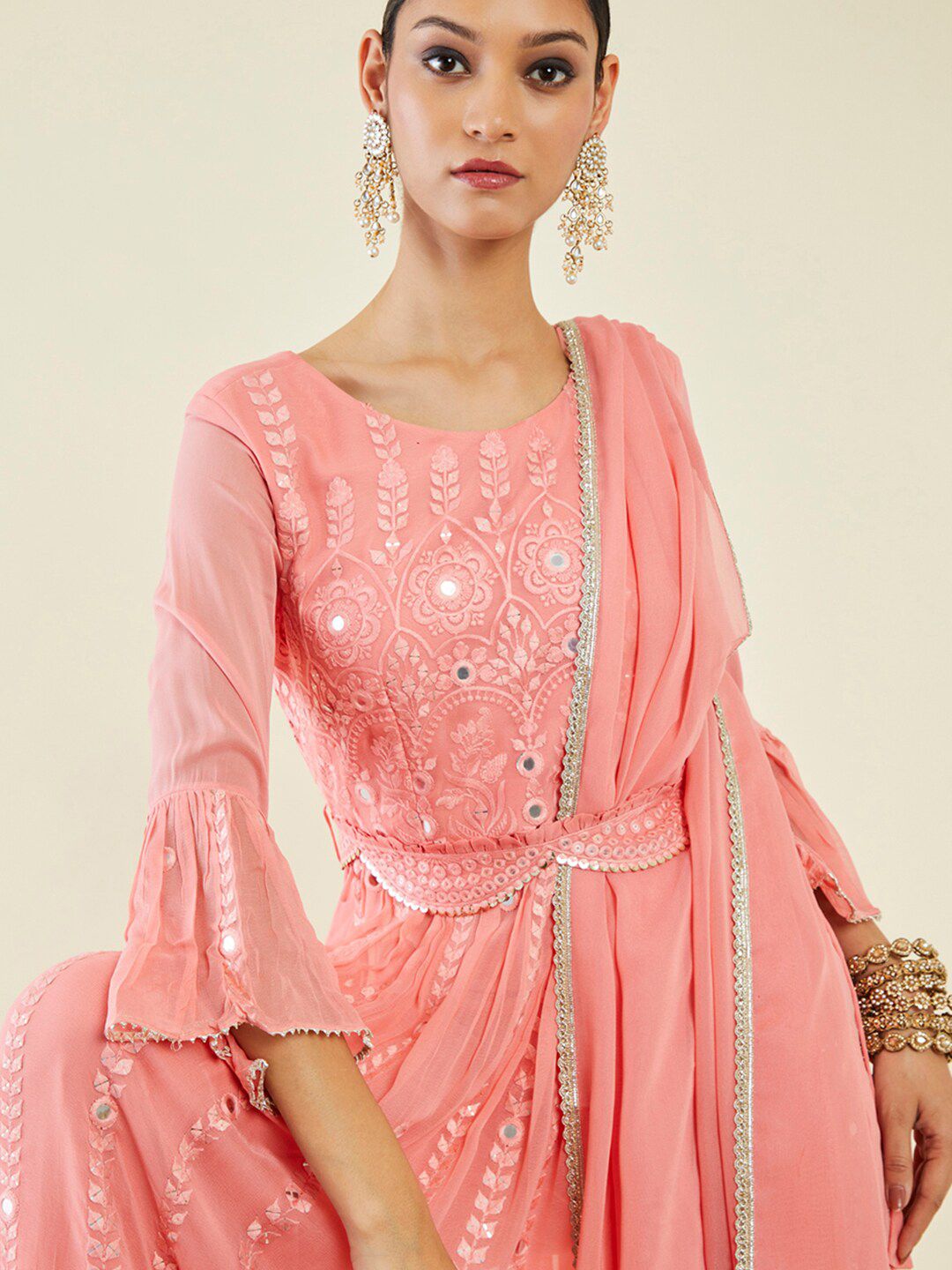 Dhiyona SO Women's Floral Embroidered Mirror Work Kurta With Palazzos & Dupatta