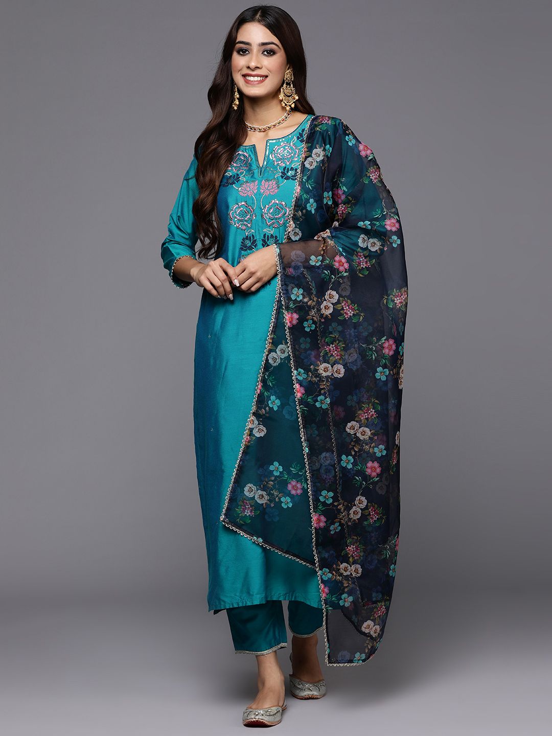 Dhiyona IE Women Teal Floral Embroidered Regular Thread Work Kurta with Trousers & With Dupatta