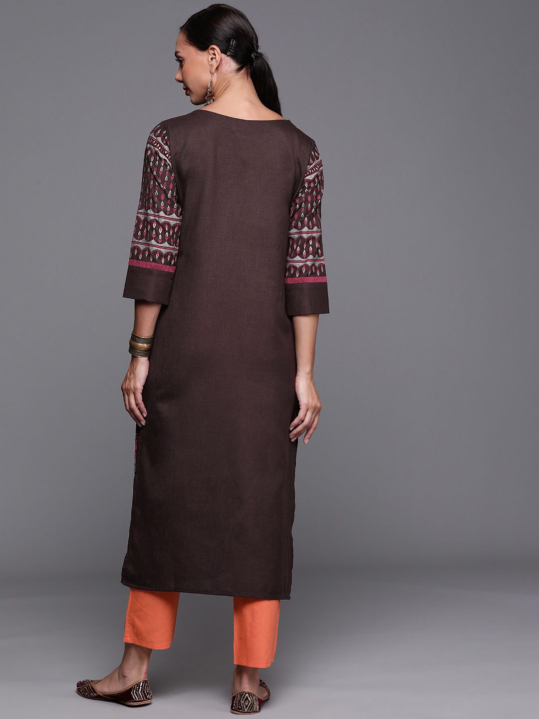 Dhiyona IE Women Coffee Brown & Orange Ethnic Motifs Printed Floral Kurta