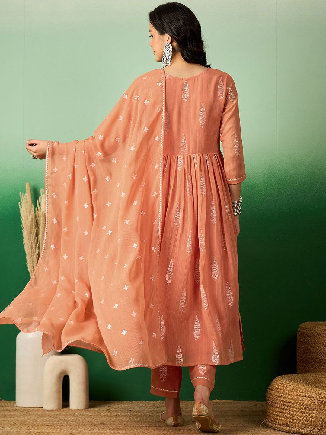 Dhiyona SN Women's Peach Floral Embroidered A-Line Kurta With Trouser & Dupatta