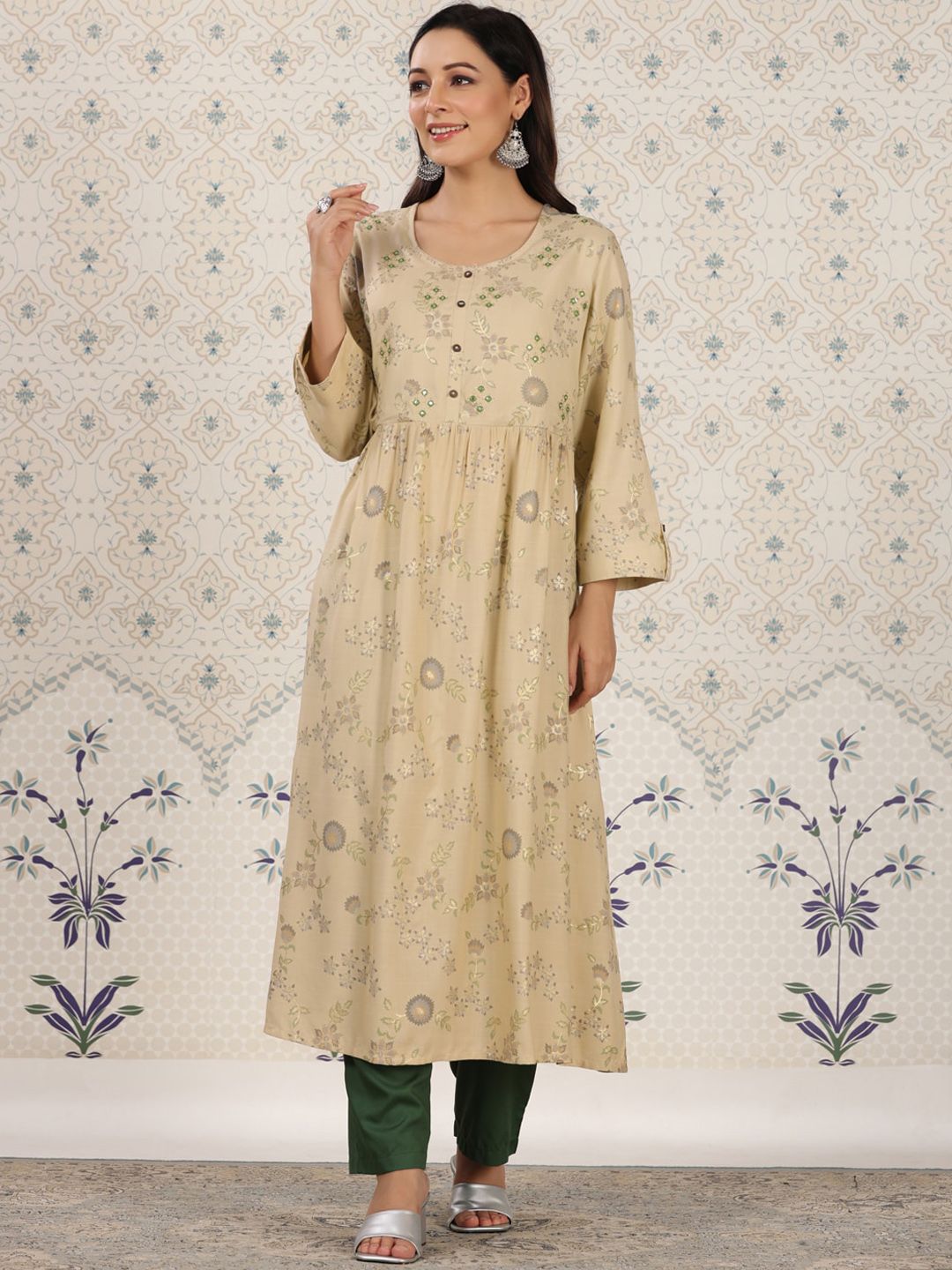Dhiyona OD Ethnic motifs Printed Mirror Work Detailed A-Line Kurta