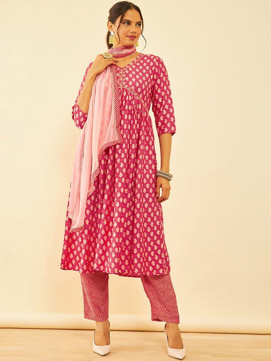 Dhiyona SO Women's Paisley Printed Sequinned V-Neck A-Line Kurta with Trousers & Dupatta