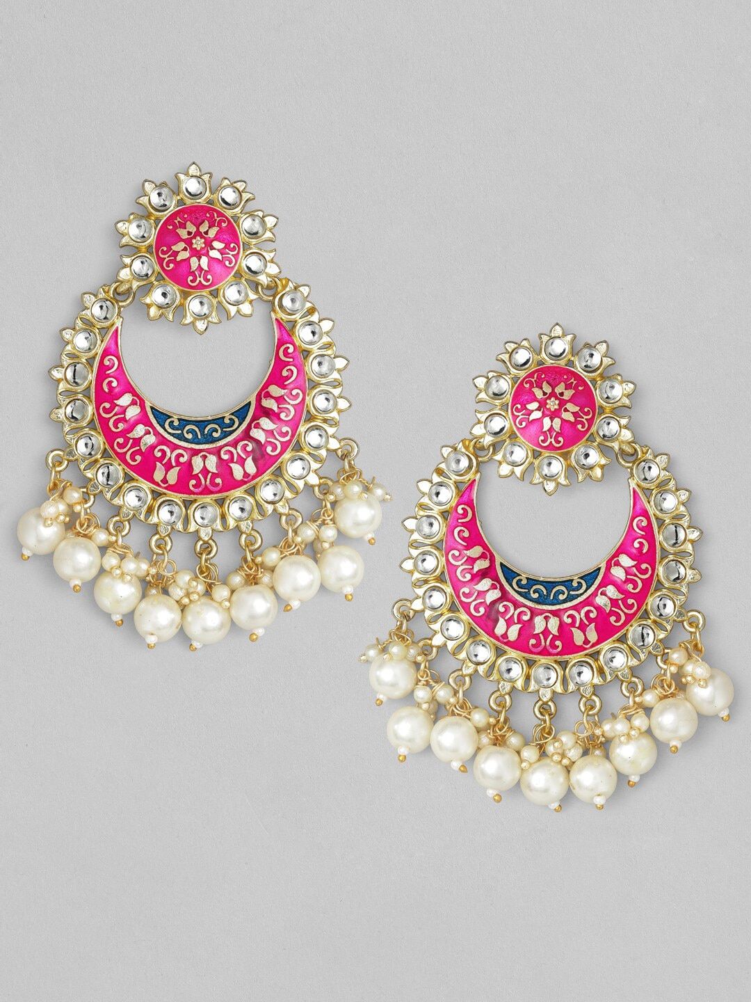 Dhiyona RJ Women's Pink Gold-Plated Stone-Studded & Beaded Crescent Shaped Meenakari Chandbalis