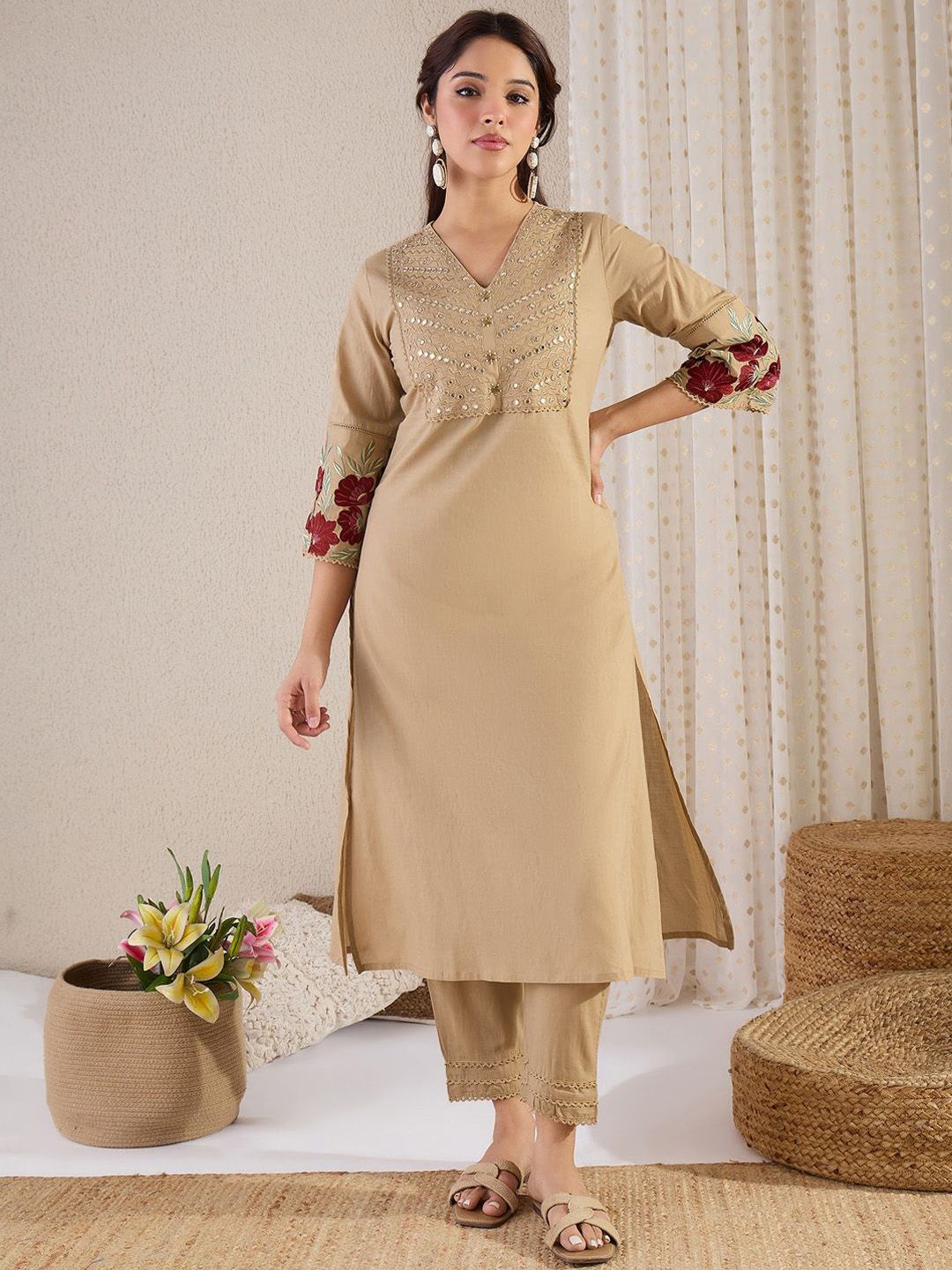 Dhiyona IE Women Yoke Design Embroidered Cotton Kurta with Trousers & Dupatta