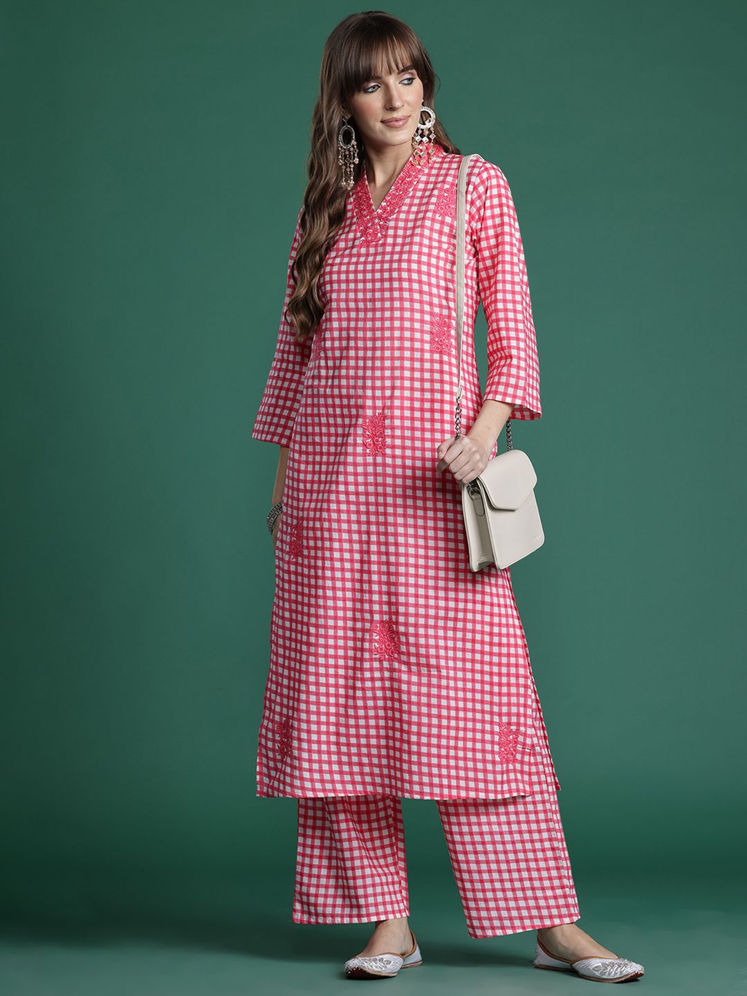 Dhiyona IE Checked Thread Work Pure Cotton Kurta with Trousers