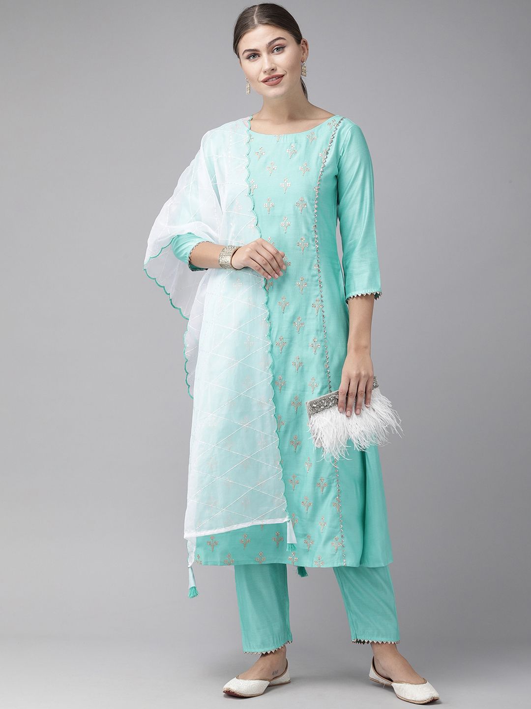 Women Sea Green Embroidered Liva Kurta with Trousers & Dupatta