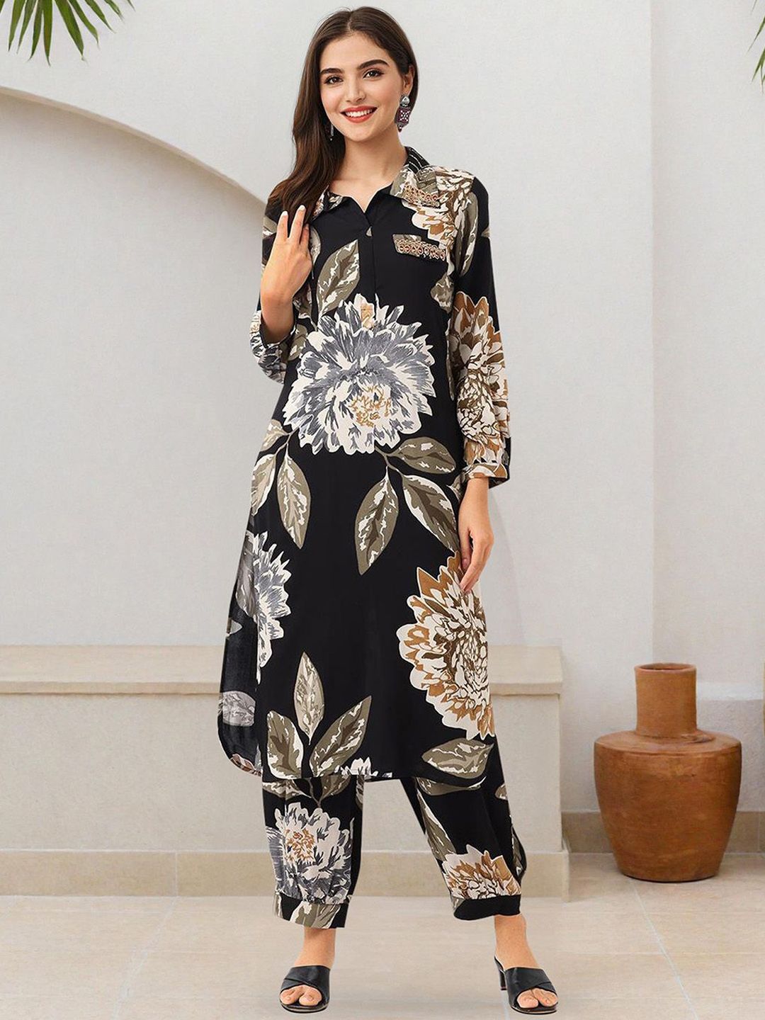 Dhiyona IS Women's Floral Printed Shirt Collar Straight Kurta With Salwar