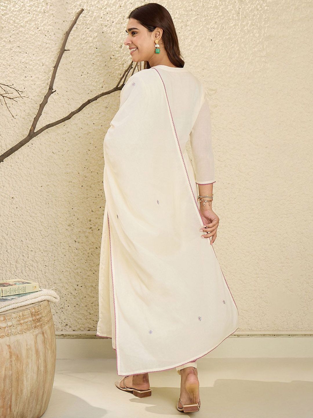 Dhiyona IE Embroidered Mandarin Collar Pure Cotton A-Line Kurta With Trouser & Dupatta