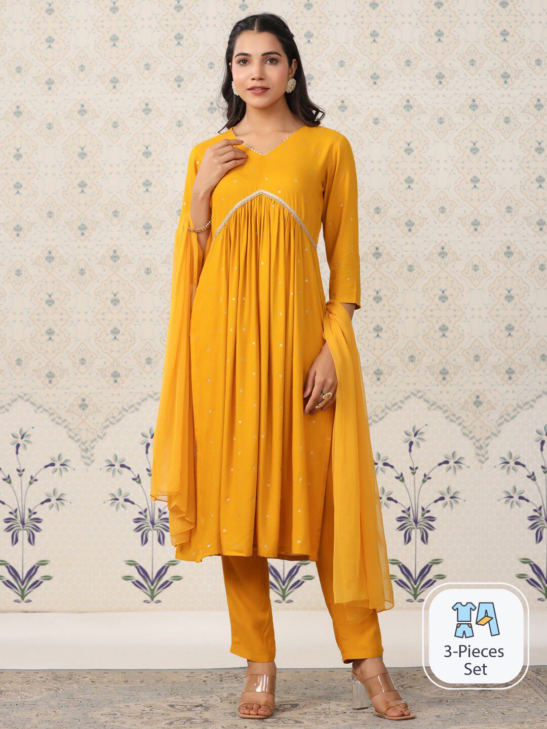 Dhiyona OD Geometric Printed Pleated Kurta & Trousers With Dupatta