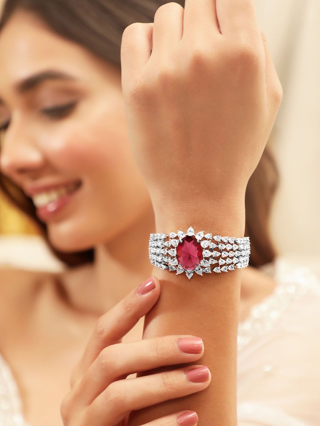 Dhiyona RJ Women's Rhodium-Plated Ruby Red & White Cubic Zirconia Bracelet