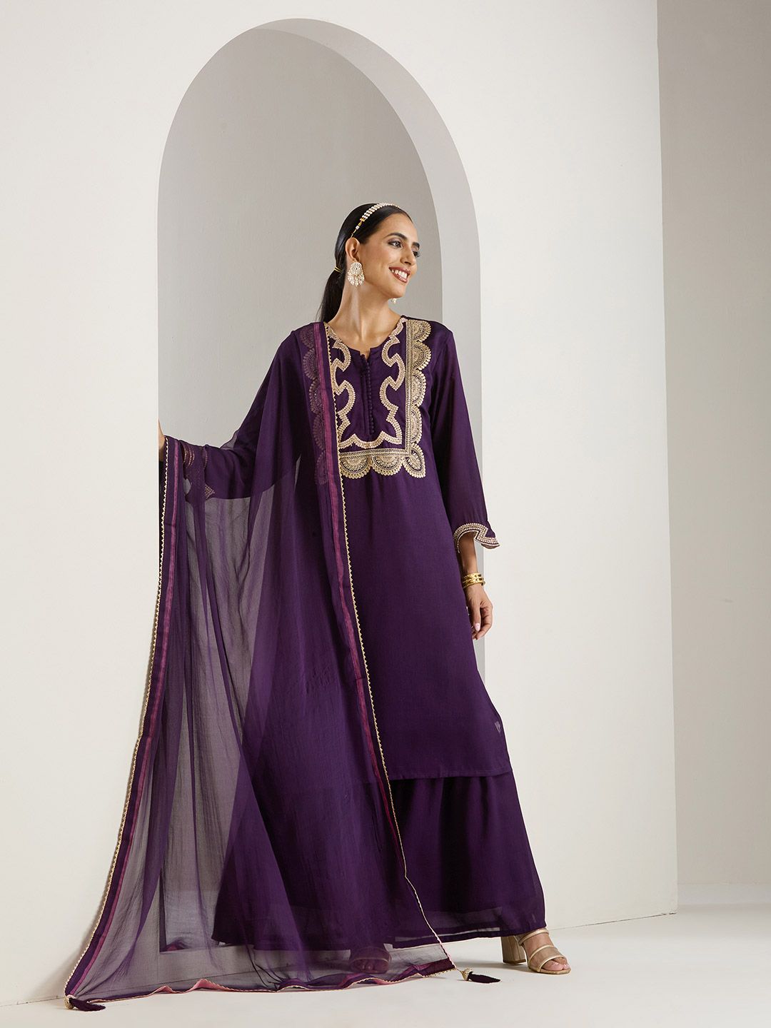 Dhiyona IS Women's Purple Ethnic Motifs Embroidered Chinon Straight Kurta With Sharara & Dupatta
