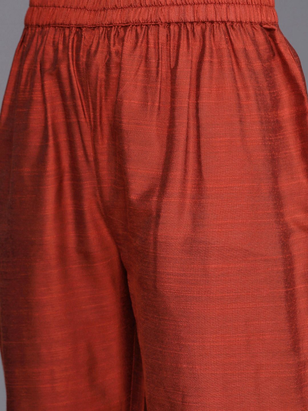 Dhiyona VA Women's Rust Ethnic Motifs Embroidered Dupion Silk Kurta with Trousers & With Dupatta