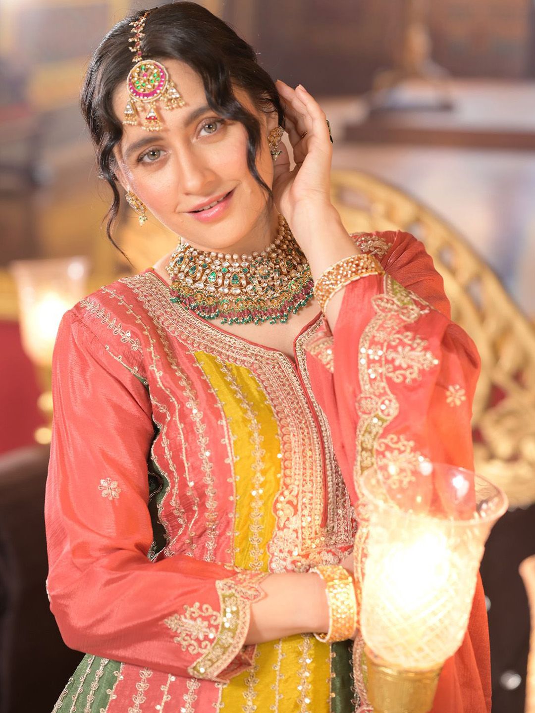 Dhiyona IE Ethnic Motifs Embroidered Panelled Sequinned A-Line Kurta With Palazzos & Dupatta
