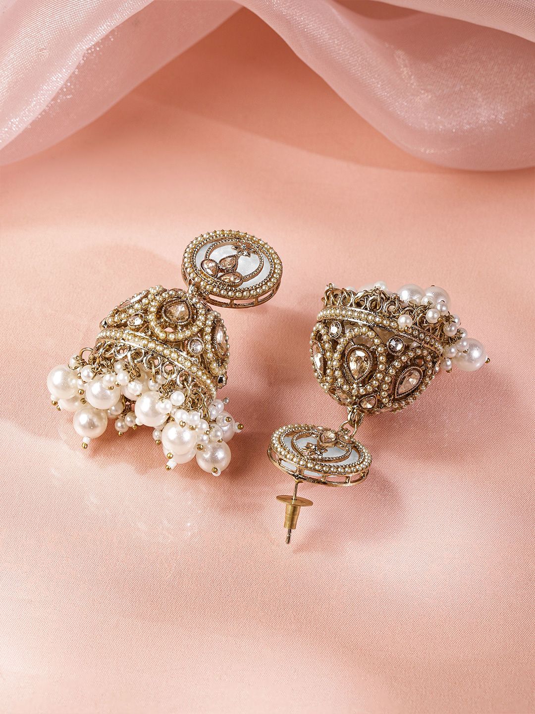 Dhiyona RJ Women's 18K Gold-Plated Kundan Studded Dome-Shaped Jhumka Earrings with Pearl Bead Accents