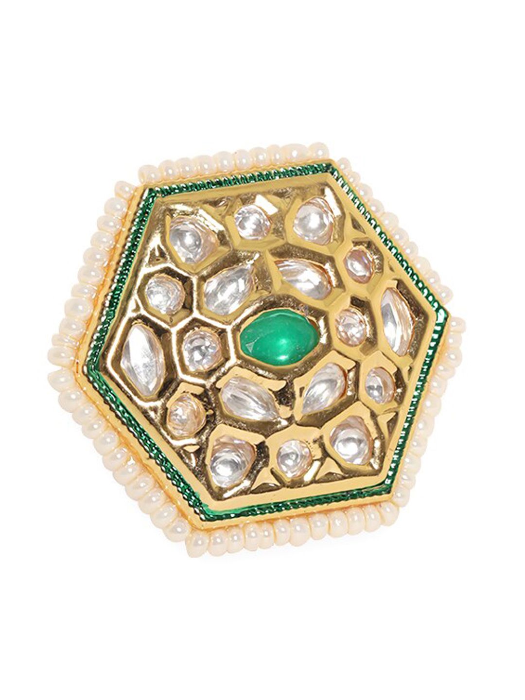 Dhiyona RJ Women's 22k Gold Plated Emerald Green & White Kundan Polki Studded Adjustable Finger Ring