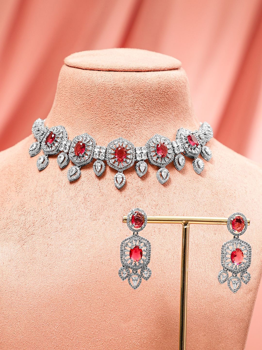 Dhiyona RJ Women's Rhodium Plated Ruby & Cubic Zirconia Studded Luxe Choker Jewelry Set
