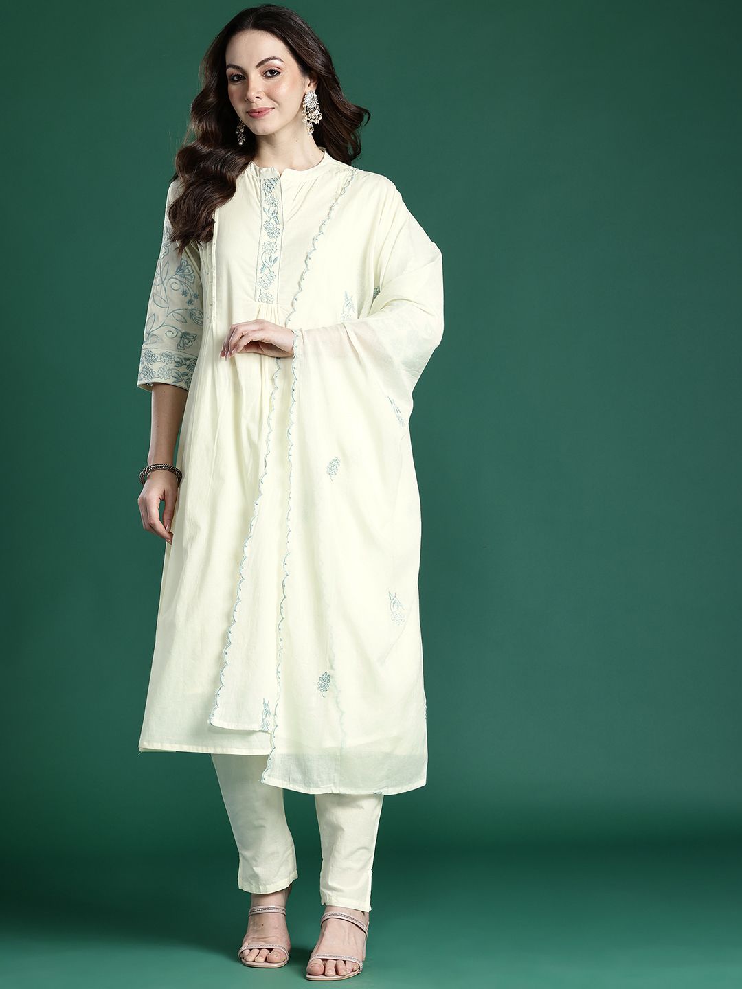 Floral Embroidered Pure Cotton Kurta with Trousers & Dupatta