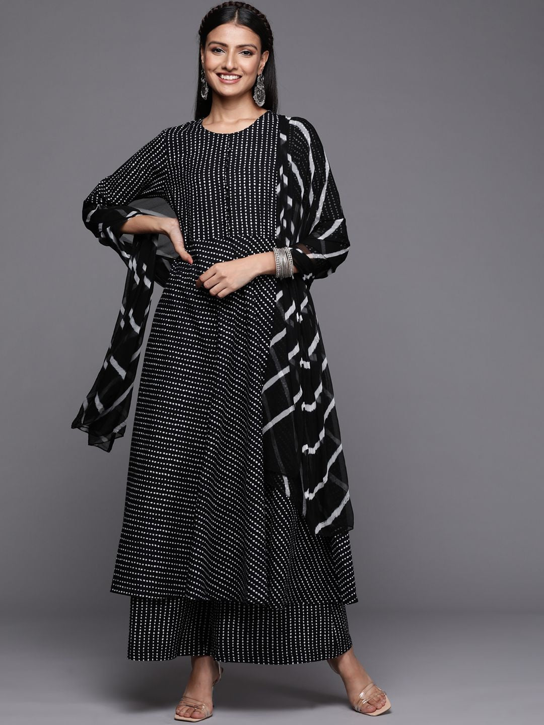 Dhiyona VA Women's Black Printed Pure Cotton Kurta with Palazzos & Dupatta