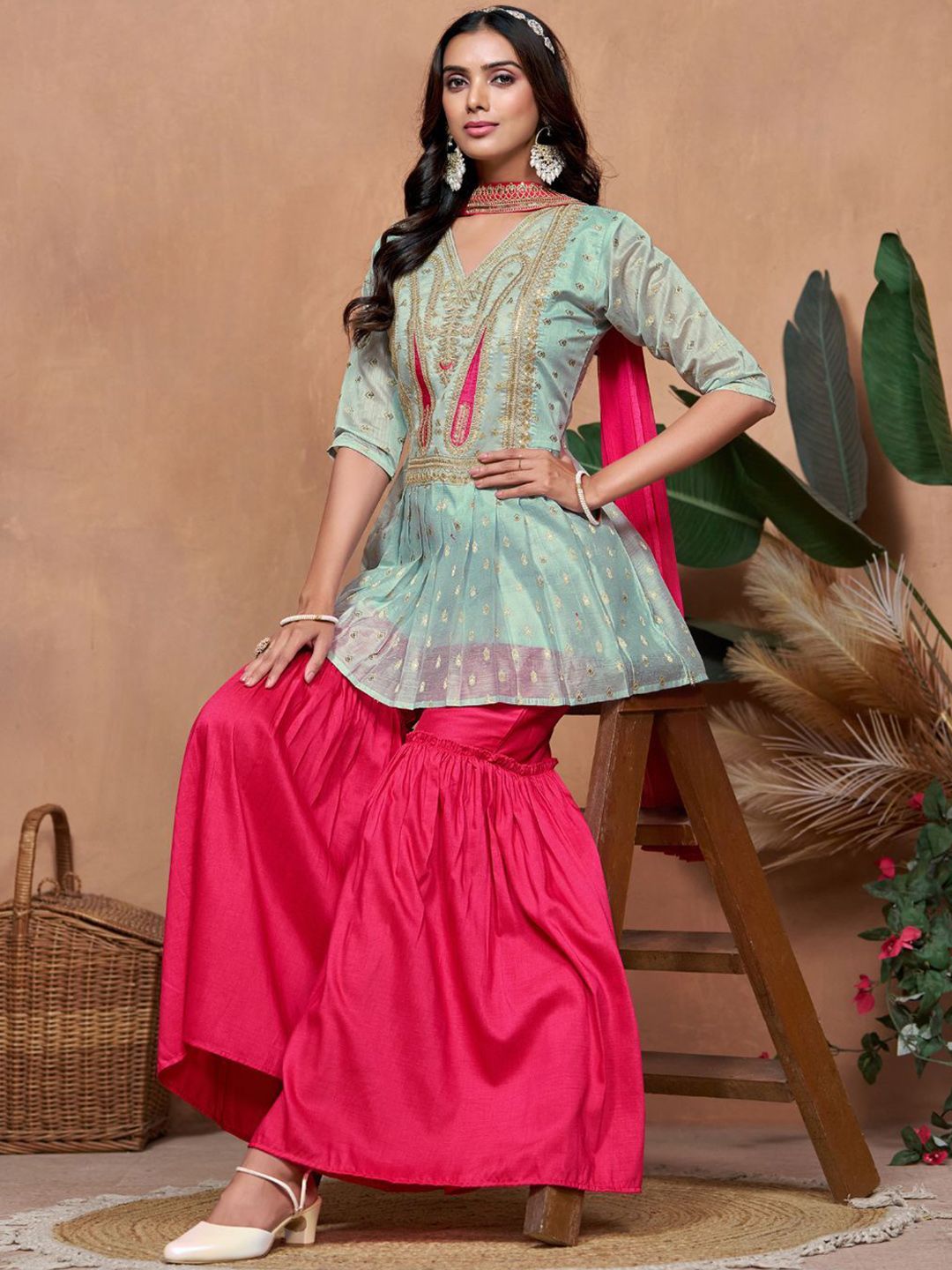 Dhiyona SN Women's Paisley Embroidered V-Neck Short Sleeves Chanderi Silk Kurta & Sharara & Dupatta