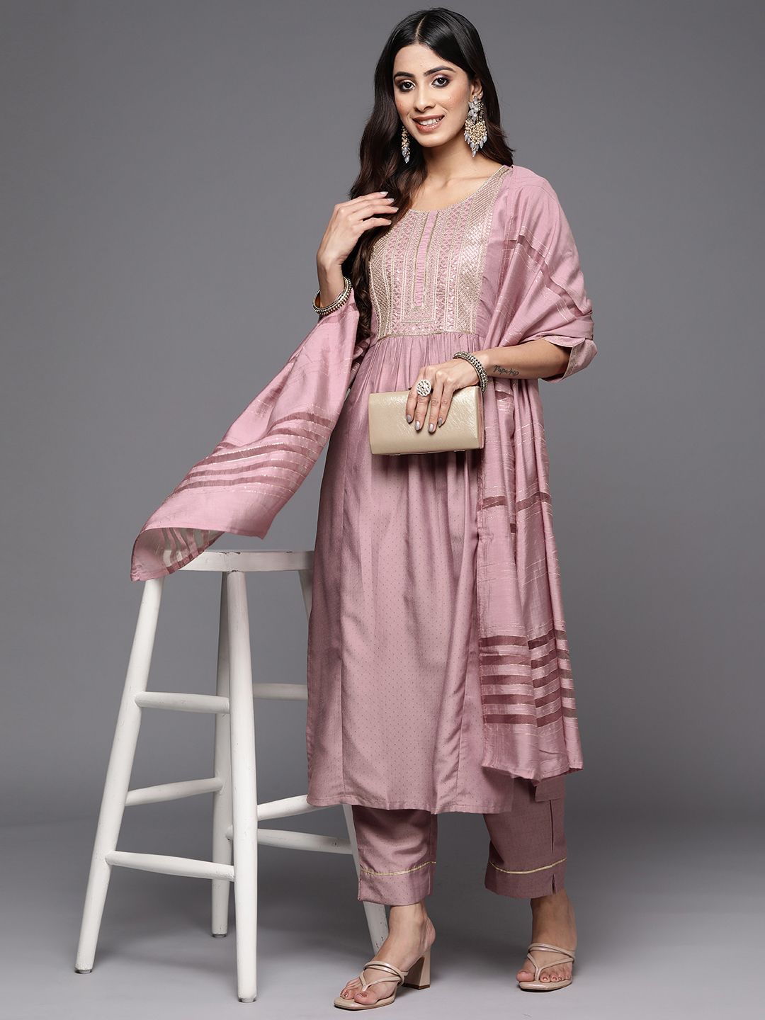Dhiyona VA Women's Rose Embroidered Empire Kurta with Trousers & With Dupatta