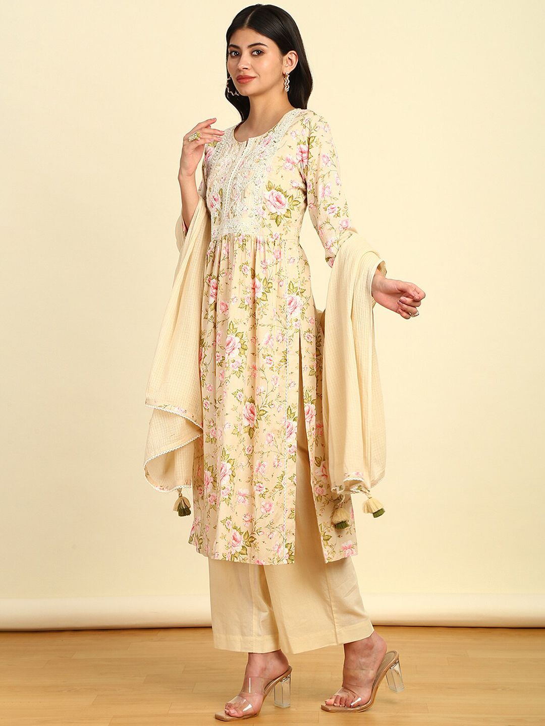 Dhiyona SO Women's Floral Printed Pleated Thread Work Kurta with Palazzo & Dupatta