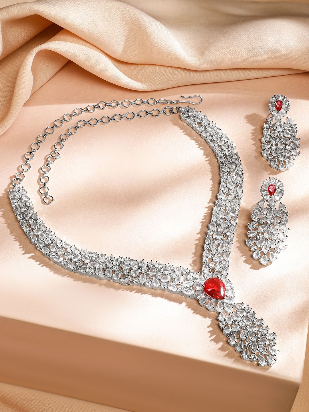Dhiyona RJ Women's Rhodium-Plated Ruby Red & Cubic Zirconia Floral & Leaf-Inspired Luxe Jewellery Set