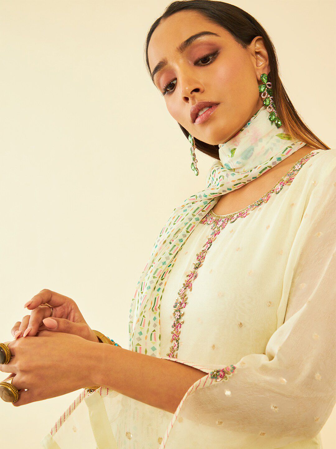 Dhiyona SO Women's Floral Embroidered Layered Thread Work Kurta with Trousers & Dupatta
