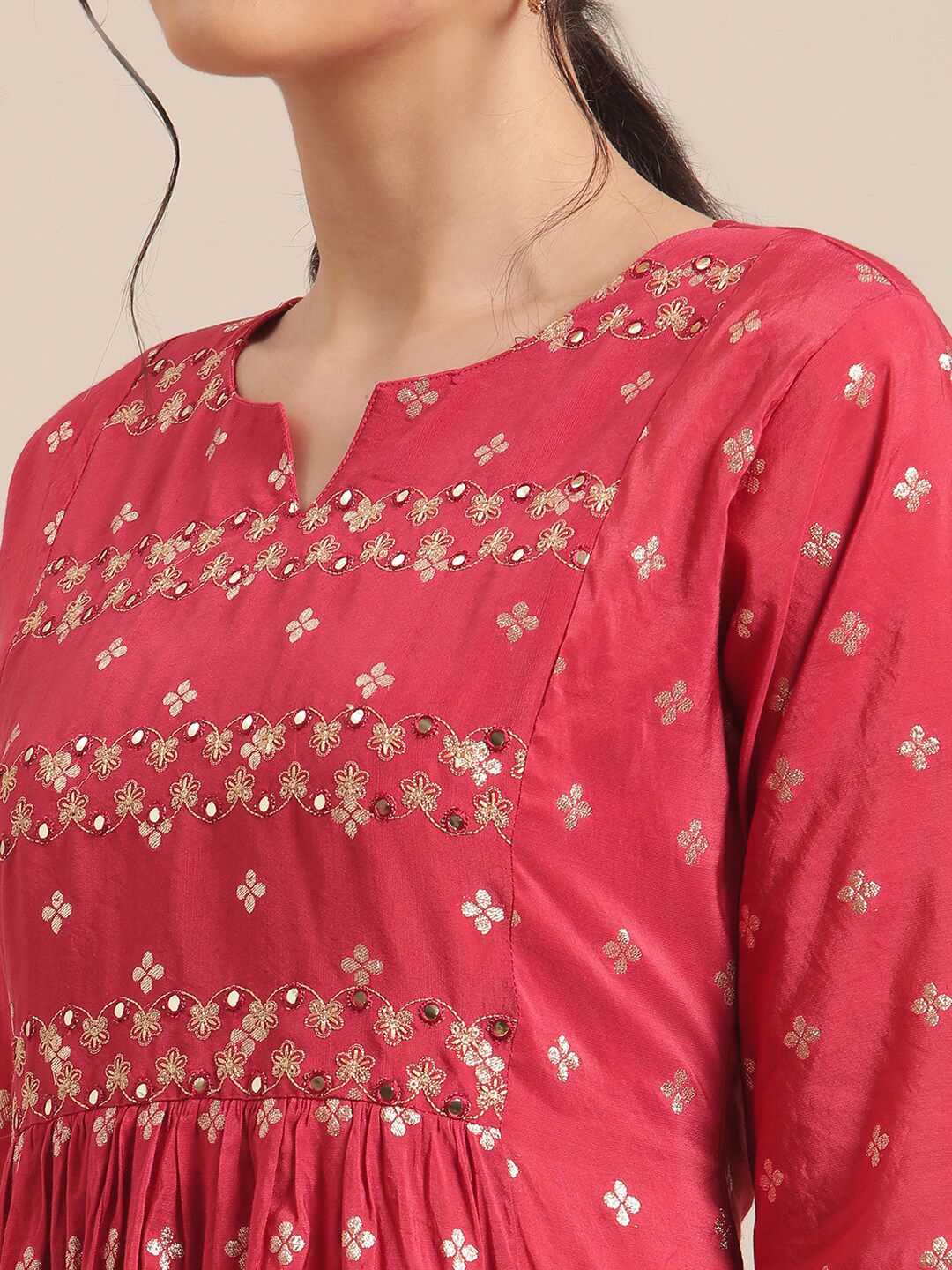 Dhiyona VA Women's Red & Gold-Toned Floral Embroidered Mirror Work Pleated Kurta With Trousers