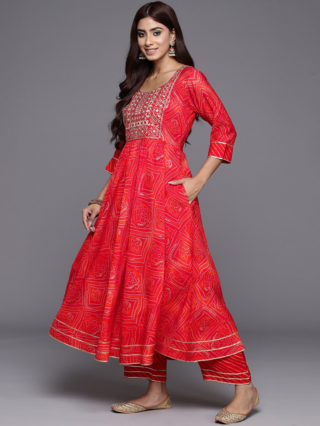 Dhiyona LB Women's Bandhani Printed Pleated Mirror Work Kurta with Trousers & Dupatta