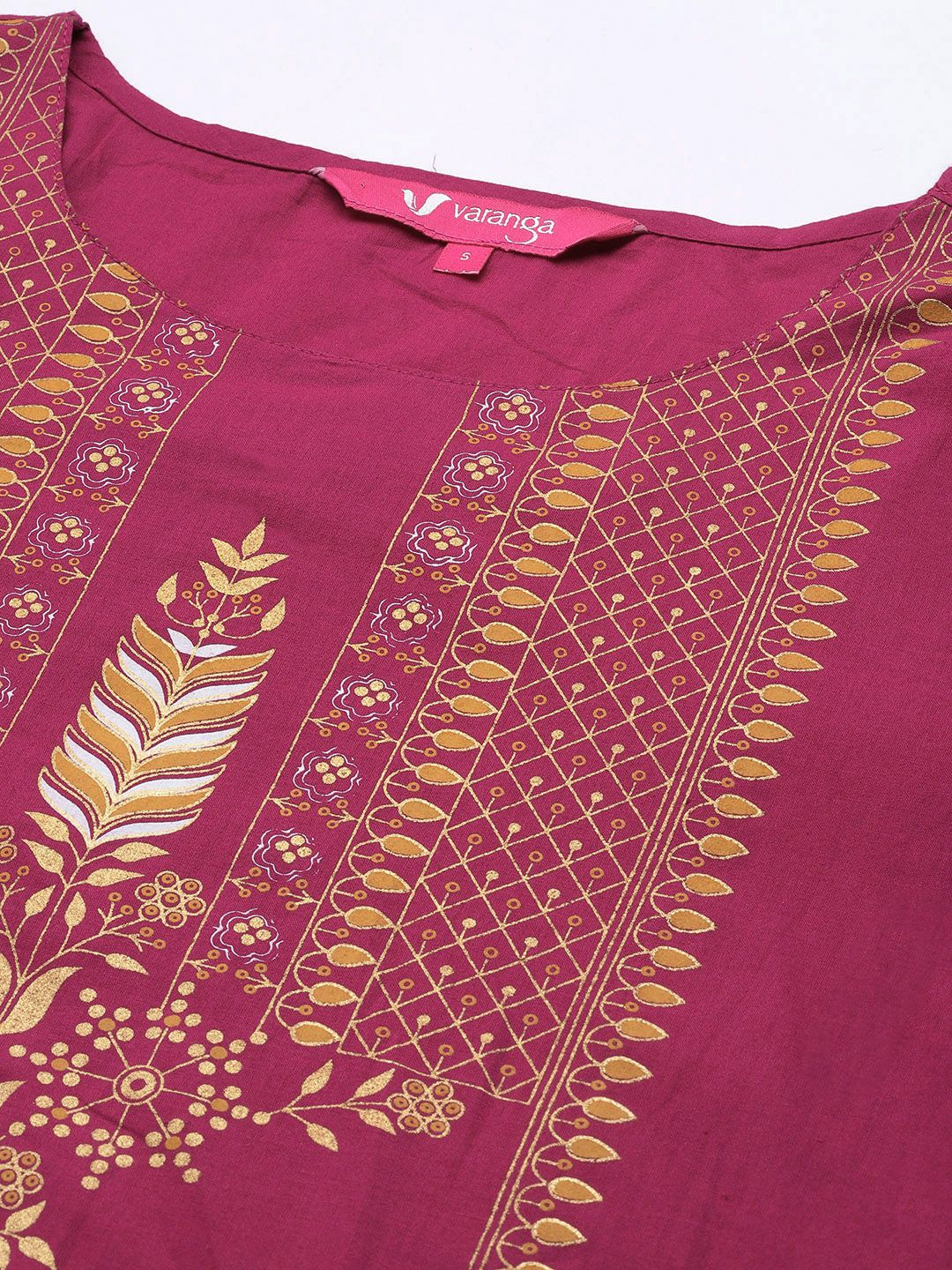 Dhiyona VA Women's Fuchsia Pink & Golden Floral Print Cotton Kurta with Palazzos & Dupatta
