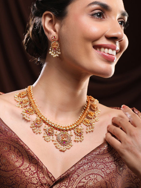 Dhiyona RJ Women's 24K Gold-Plated Lakshmi Temple Necklace Set with Ruby Stones & Pearl Detailing
