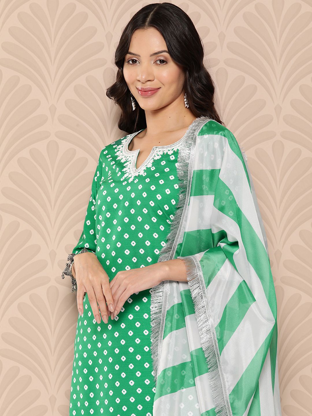 Dhiyona VA Women'sBandhani Printed Sequinned Kurta with Palazzos & Dupatta