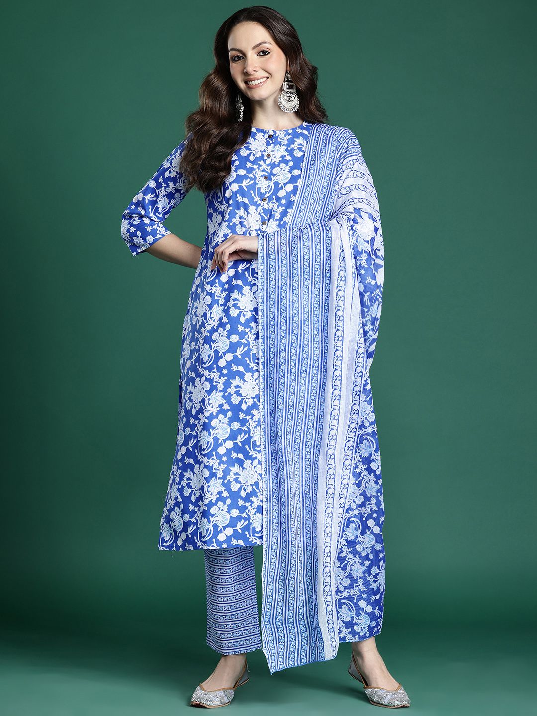 Dhiyona IE Floral Printed Pure Cotton Kurta with Trousers & Dupatta